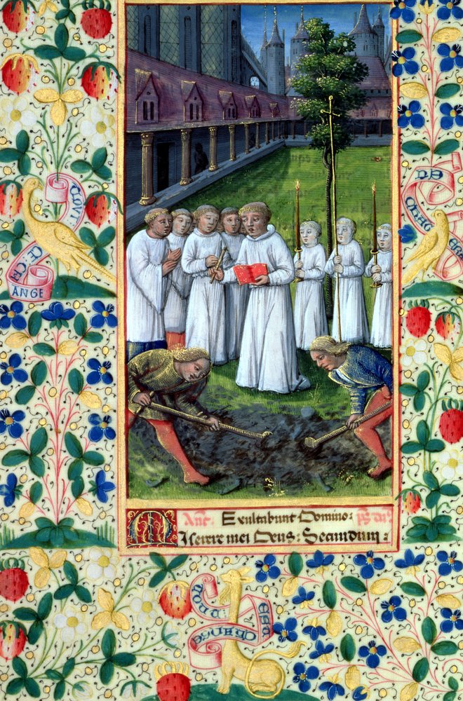 Senhora Lat. QvI126 f.80v Um enterro, do "Livro de Horas de Louis d&39;Orleans", 1469 de Jean Colombe