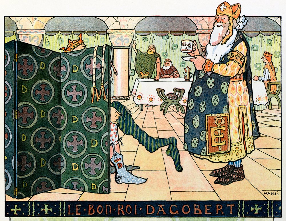 A história da Alsácia conta as crianças pelo Tio Hansi por Jean Jacques Waltz dit Hansi (1873-1951), colecção privada: O Bom Rei Dagobert (cerca de 602- cerca de 639); Atenção! A utilização desta obra pode ser sujeita a um pedido de autorização de terceiro de Jean-Jacques (1873-1951) Waltz