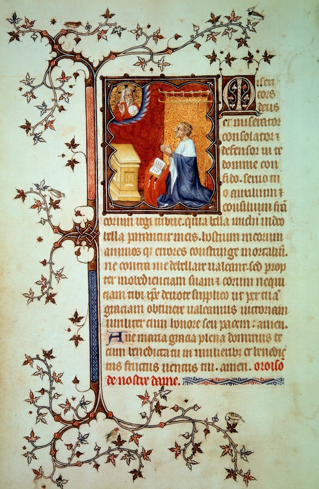 O duque João I de Berry (1340-1416) reza perante Deus, que o abençoa. Miniatura do manuscrito (Ms. lat. 18014) «As Pequenas Horas de João de Berry», iluminado por Jean le Noir, cerca de 1375. Paris, B.N. de Jean Le and workshop (attr. to) Noir