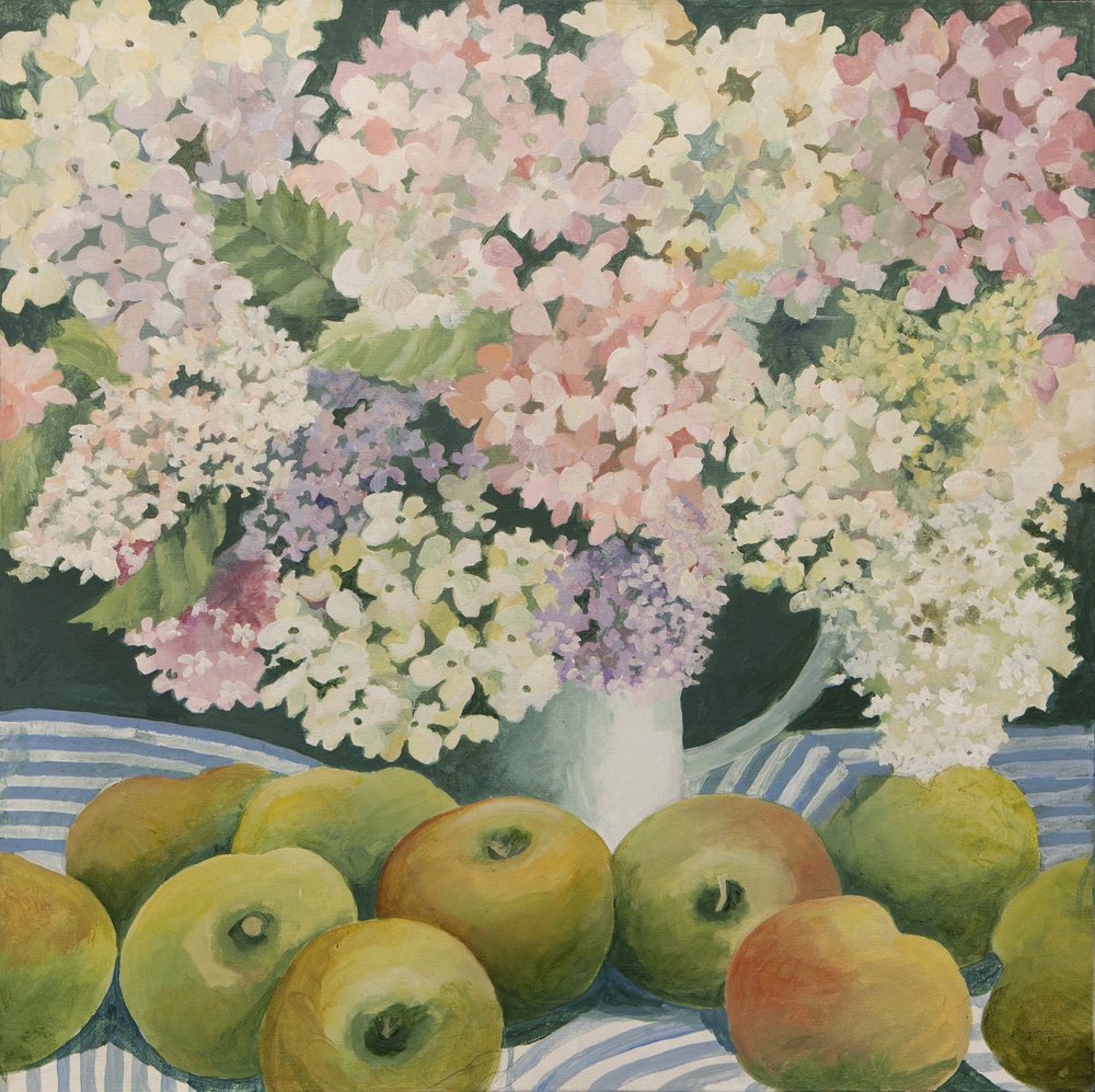 Hortênsias e maçãs para cozinhar (acrílico) de Jennifer Abbott