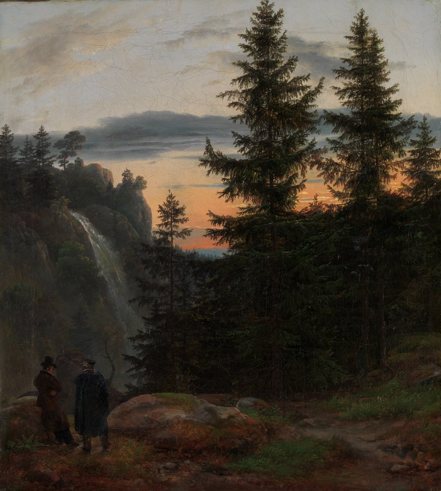 Dois homens diante de uma cascata ao pôr do sol, 1823 de Johan Christian Dahl