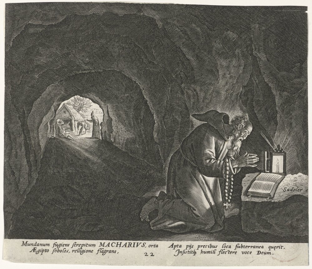 Macário do Egito como um eremita Eremitas Masculinos (título da série) Solitudo Sive Vitae Patrum Eremicolarum (título da série) de Johann Sadeler (I)