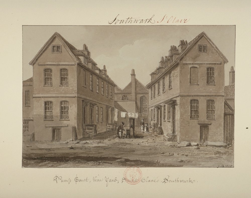 Vista de uma figura coletando água em Pump Court, Vine Yard, Bermondsey, 1828 (lavar no papel) de John Chessell Buckler