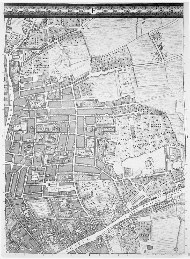 Um mapa de Shoreditch e Whitechapel, Londres, 1746 de John Rocque