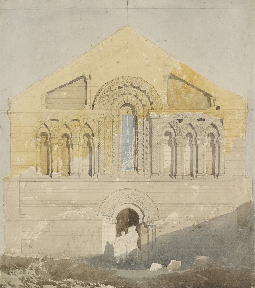 Frente oeste da igreja em ascensão do castelo, Norfolk (aquarela com grafite) de John Sell Cotman
