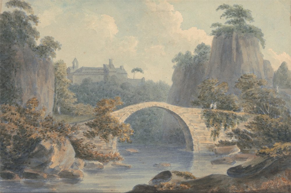 Paisagem do rio com uma única ponte arqueada de John Warwick Smith