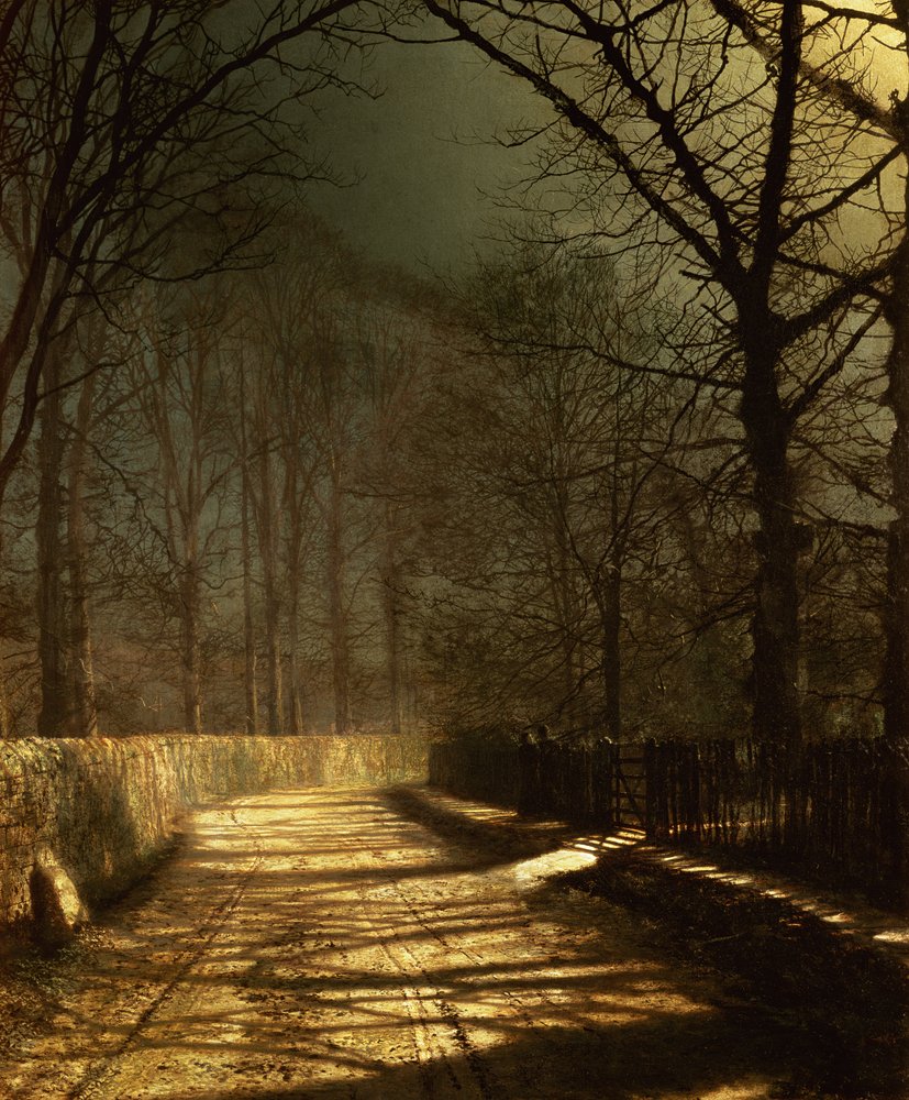 Uma rua ao luar. Dois amantes num portão de John Atkinson Grimshaw