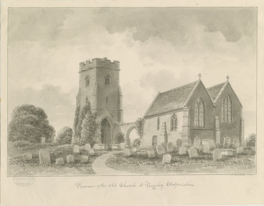 Igreja de Rugeley (antiga): desenho em sépia de John Buckler