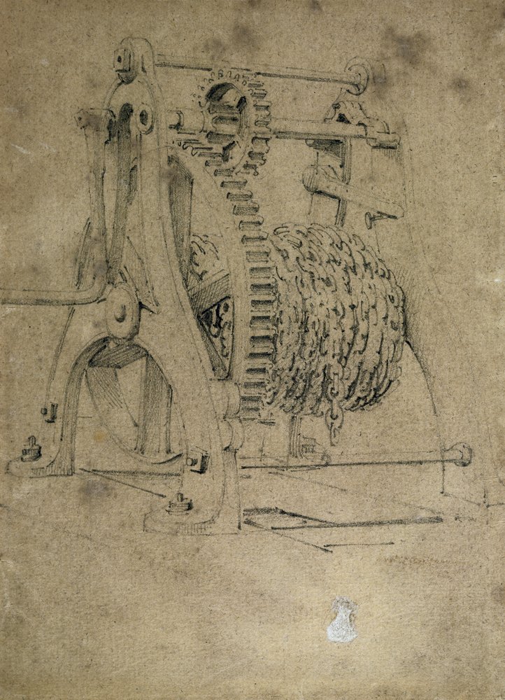 Mecanismo de guincho ou caranguejo para correntes de enrolamento, de 1830 (caneta e tinta e papel lavado) de John Cooke Bourne