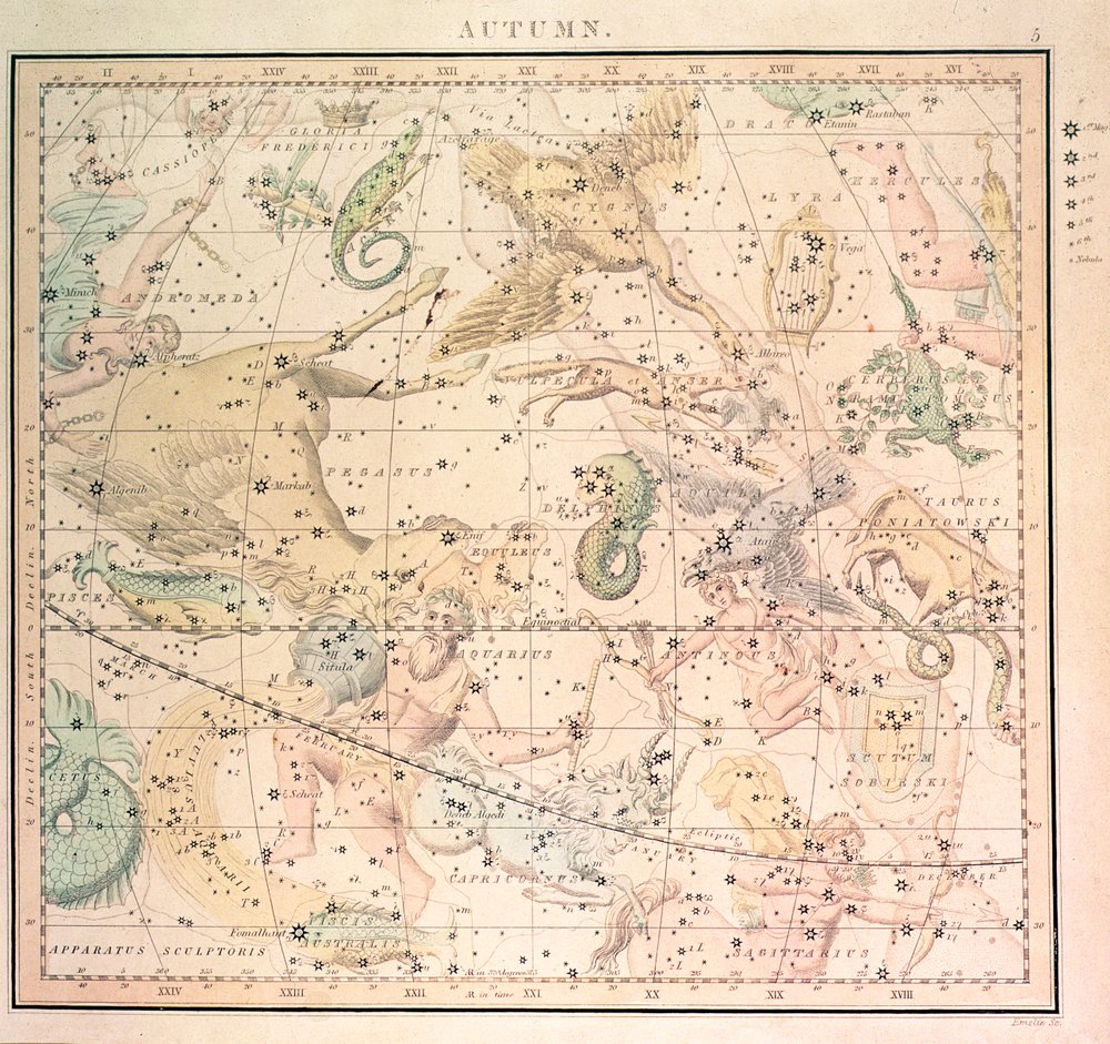 Carta celestial: Outono, mostrando sinais do zodíaco e posições das estrelas (gravura) de John Emslie