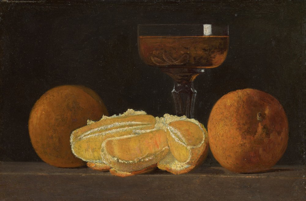 Natureza morta com laranjas e taça de vinho de John Frederick Peto