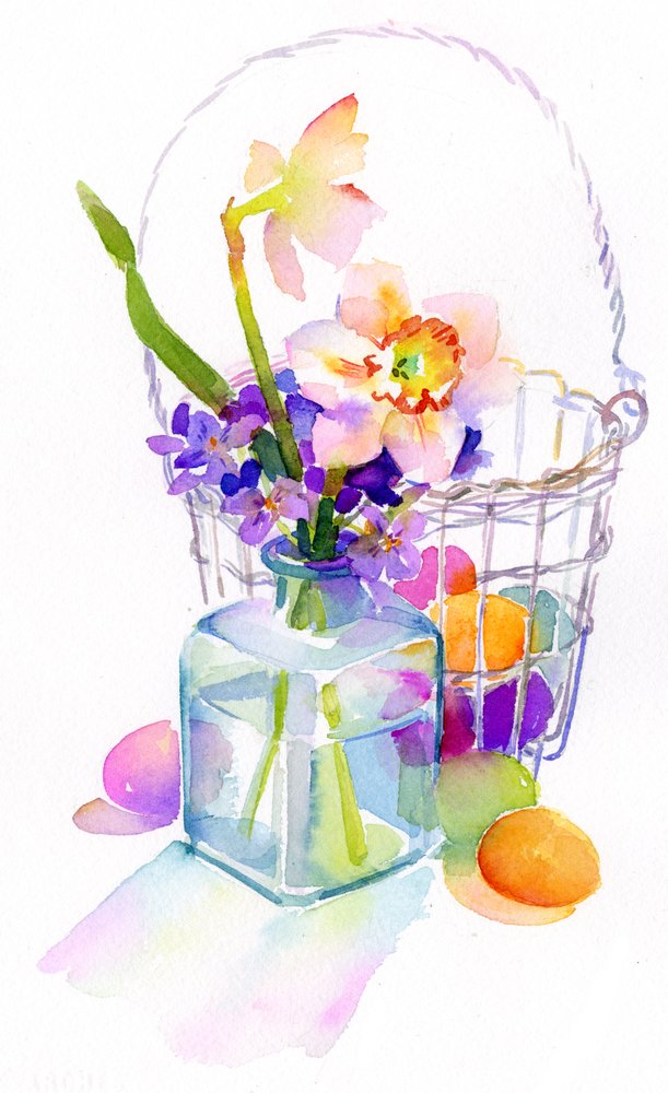 Cesta de ovos com flores, 2014, (aquarela) de John Keeling