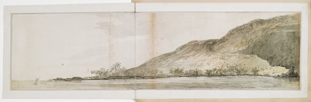Vista da ponta norte da baía de Kealakekua, na ilha do Havai, tirada do "Resolution". Foi feita durante a visita às ilhas havaianas de 17 de janeiro a 23 de fevereiro de 1779, onde o Capitão Cook foi morto em 14 de fevereiro, na Terceira Viagem. de John Webber