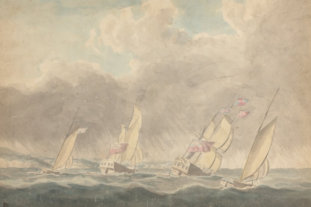 Dois Pistas de Guerra, Um Barco e Uma Escuna (?), Sterns Forward, em Mares Pesados; Vários Navios à Vela em Fundo de Joseph Cartwright