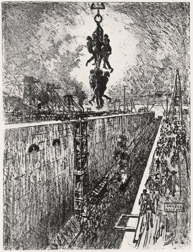 Fim do dia: Eclusa de Gatun, placa VII do "Canal do Panamá", de Joseph Pennell de Joseph Pennell