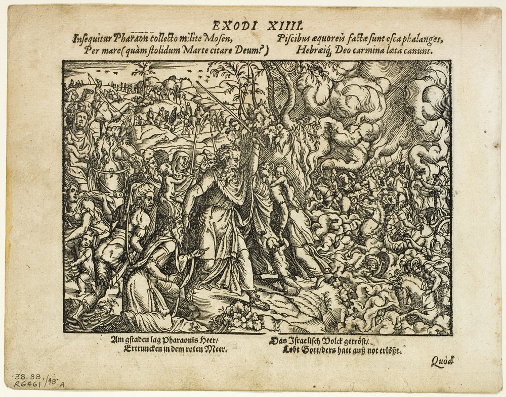 A Passagem do Mar Vermelho (reto) e O Enterro de Jacó (verso) de Neuwe Biblische Figuren, placa 48 de xilogravuras de livros do século XVI de Jost Amman