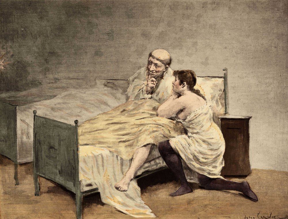 Uma rapariga que se confessa ao Irmão Royddimet, sentada na sua cama. Pantagruel. Ilustração de Jules Garnier. Em "Rabelais et l