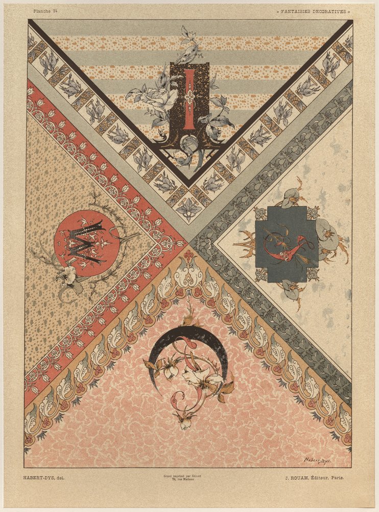 Cartas, Placa 24 de &39;Fantasias Decorativas&39;, gravada por Gillot, publicada por Jules Rouam, Livraria de Arte, Paris, 1887 (gravura colorida) de Jules-Auguste Habert-Dys