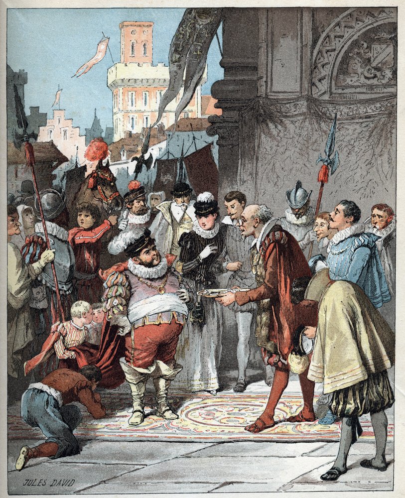 Sancho Panza nomeado governador da ilha de Barataria - Sancho Panza é feito governador perpétuo da ilha de Barataria - Ilustração de Jules David (1808-1892) de Histoire de Don Quichotte (Don Quichotte) - 1887 - de Miguel de Cervantes Saavedra (1547-1616) de Jules David