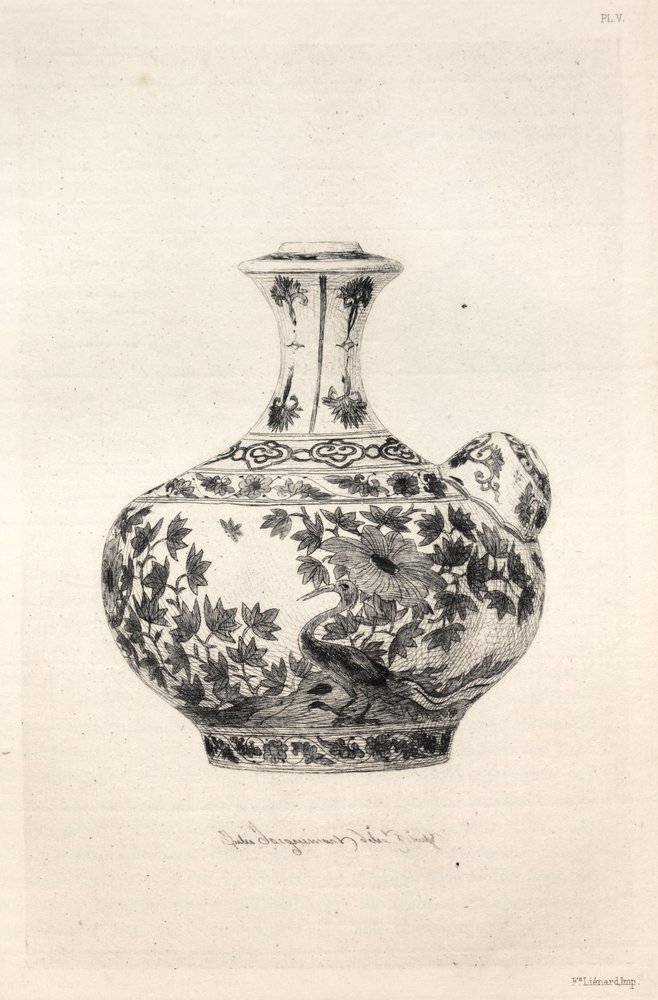 História da arte cerâmica: estudo descritivo e filosófico da olaria de todas as épocas e de todas as nações: Pérsia: porcelana macia - Gargoulette decorada com o Simurgue (Prancha VI) de Jules Jacquemart