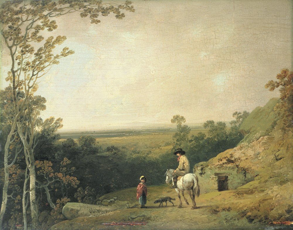Paisagem com figuras (óleo no painel) de Julius Caesar Ibbetson
