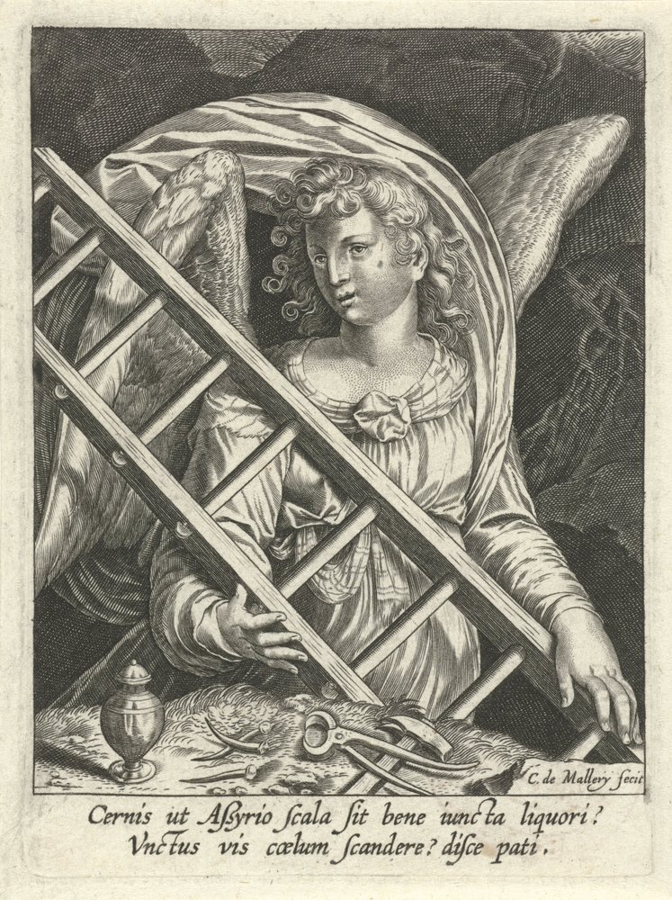 Anjo com vaso de escada, martelo, pregos e pomada de Karel van Mallery