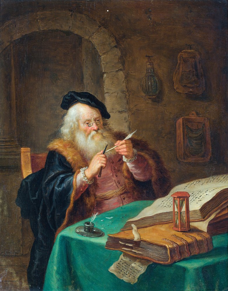 Um académico a afiar a pena (óleo sobre painel) de Karel Beschey