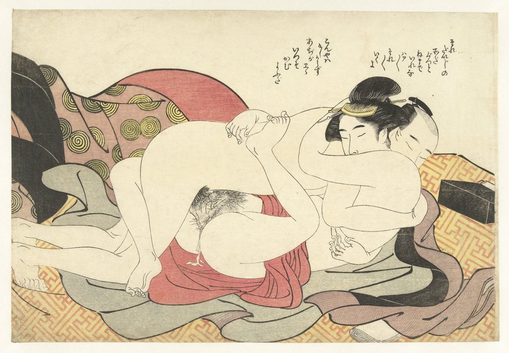 Casal amoroso em estreito abraço de Katsukawa Shuncho