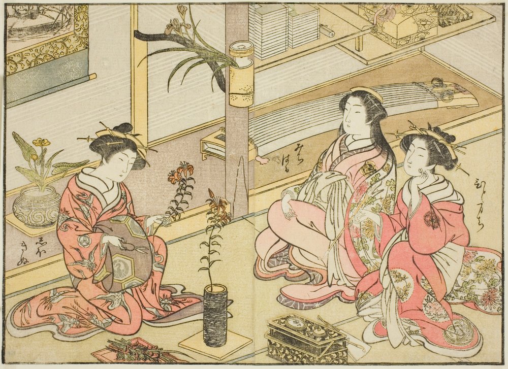 Cortesãs do Kadotsutaya, do livro "Espelho de Belas Mulheres dos Bairros do Prazer (Seiro bijin awase sugata kagami)", vol. 1 de Katsukawa Shunsho