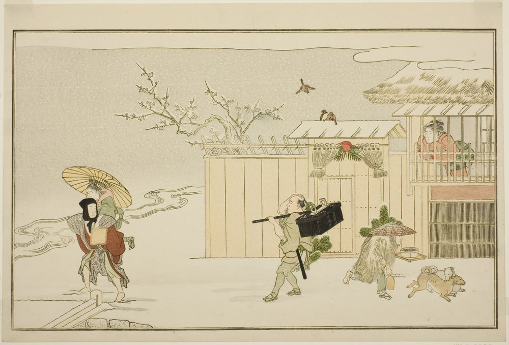 Entregando presentes de ano novo na neve, da antologia kyoka ilustrada "The Young God Ebisu (Waka Ebisu)" de Kitagawa Utamaro