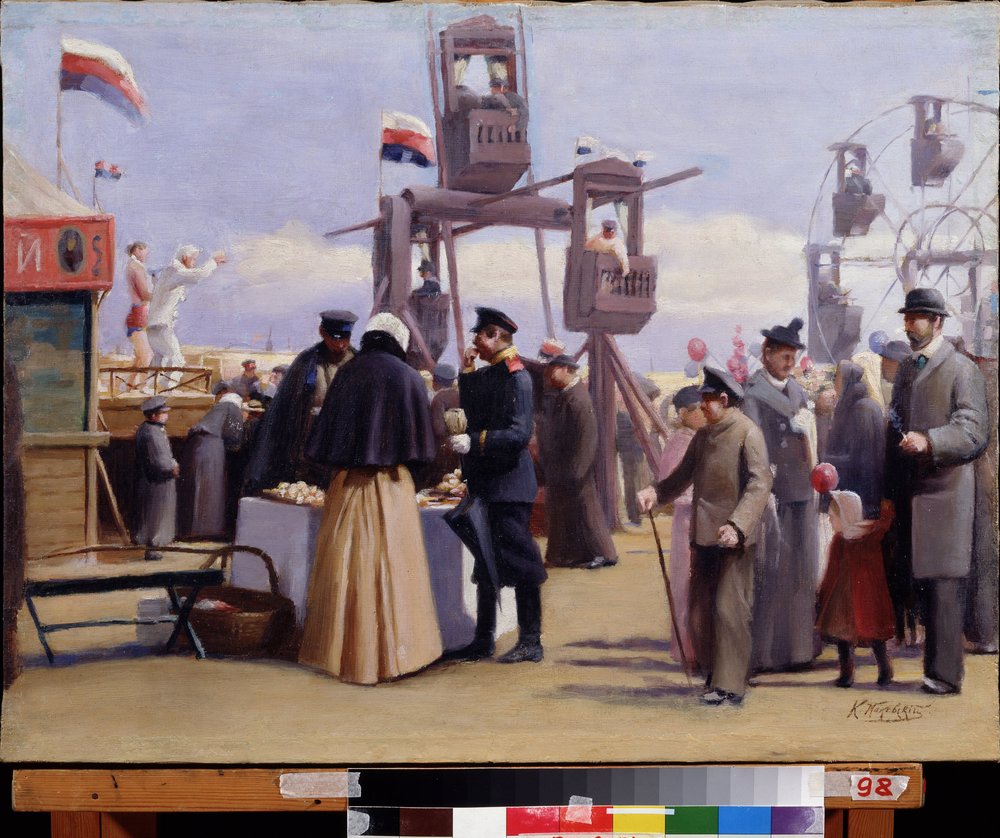Barracas da Feira de Moscou. (Estandes da Feira de Moscou). Pintura de Konstantin Yegorovich Makovsky (Constantin Makovsky) (1839-1915), óleo sobre tela. Arte russa do século XIX. Museu de Arte Estatal da República da Chuváchia, Cheboksary (Chuváchia, Rúss de Konstantin Egorovich Makovsky