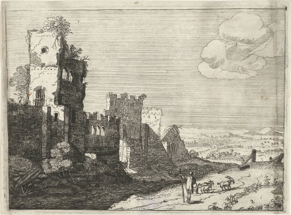 Pastor de cabras em um fosso do castelo Paisagens com construções romanas antigas (título da série) de Laurens Barata