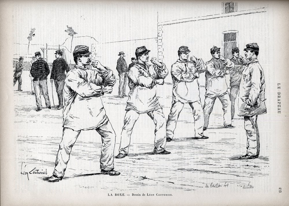 La Boxing - Armees franceses - desenho de Leon Couturier (1842-1935) - para "A Bandeira" - Monitor da Liga dos Patriotas" - 22 de agosto de Leon Antoine Lucien Couturier
