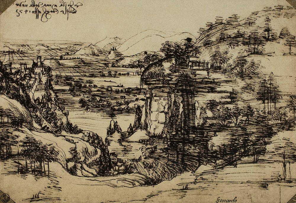Paisagem do Vale do Arno, caneta sobre papel, Leonardo da Vinci (1452-1519), Gabinete de Desenhos e Gravuras, Galeria Uffizi, Florença de Leonardo da Vinci