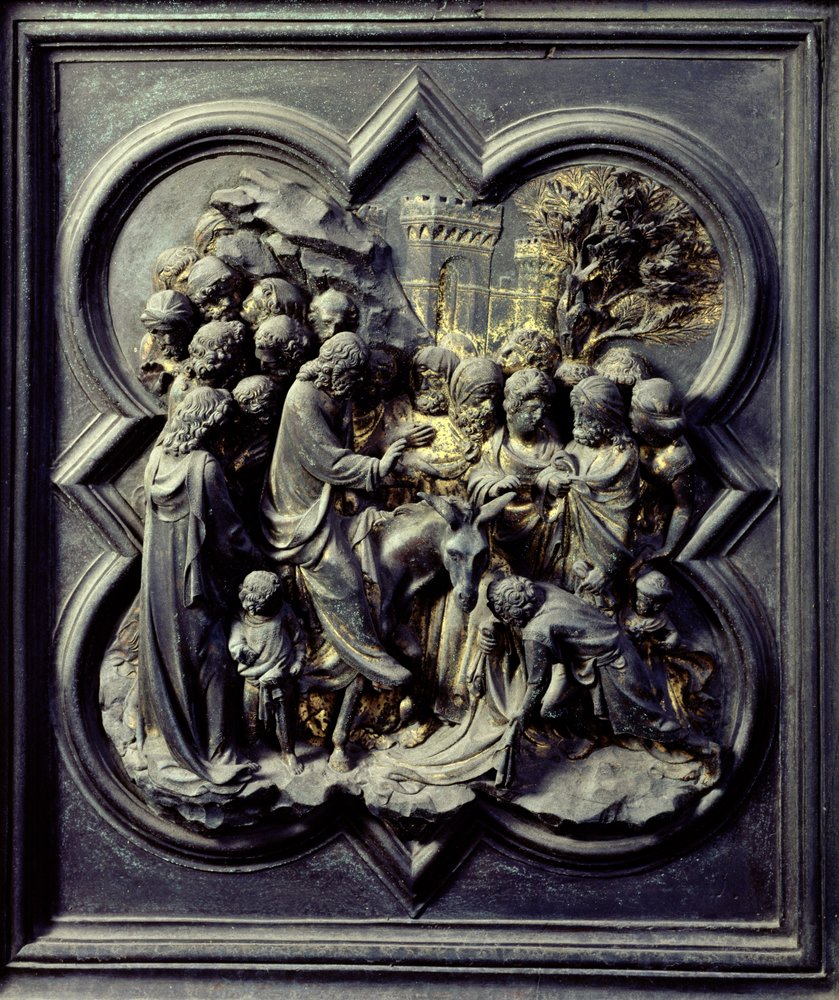 Entrada de Jesus em Jerusalém, décimo primeiro painel das Portas do Norte do Batistério de San Giovanni, 1403-24 (bronze) de Lorenzo Ghiberti