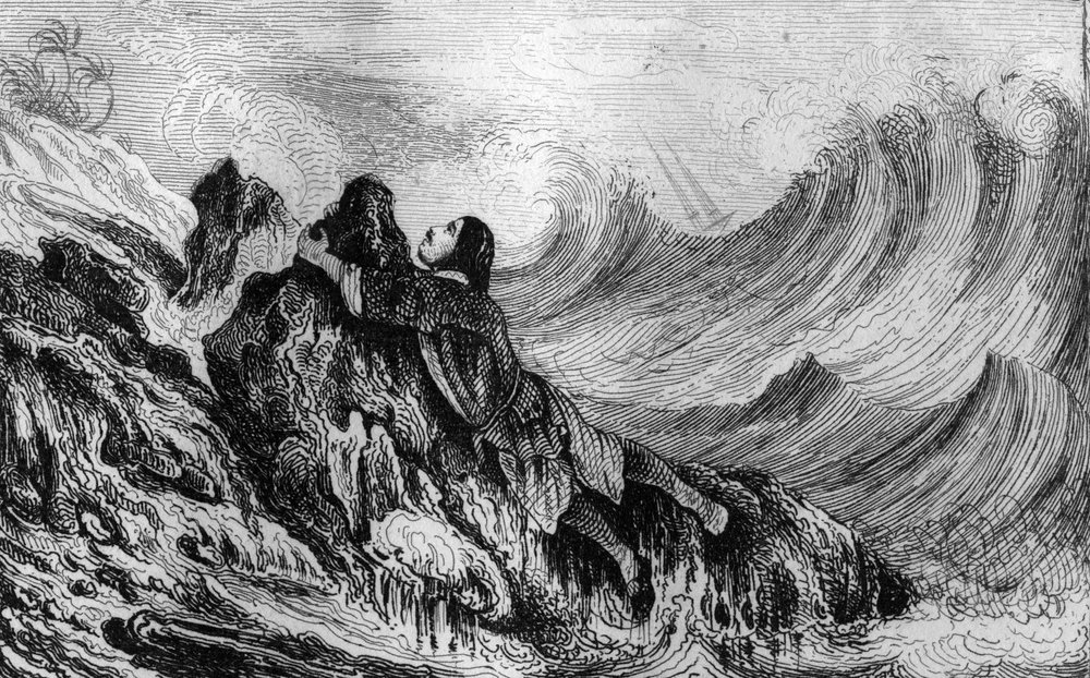 Resolvi fixar-me num ponto de pedra... gravada depois do desenho de M. de Sainson para o Livro de Daniel Defoe (De foe) "Robinson Crusoe" edição francesa de 1837. de Louis Auguste de Sainson