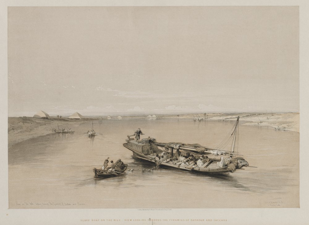 Egito e Núbia, volume I: vista sobre o Nilo, olhando para as pirâmides de Dashour e Saccara, 184 de Louis Haghe
