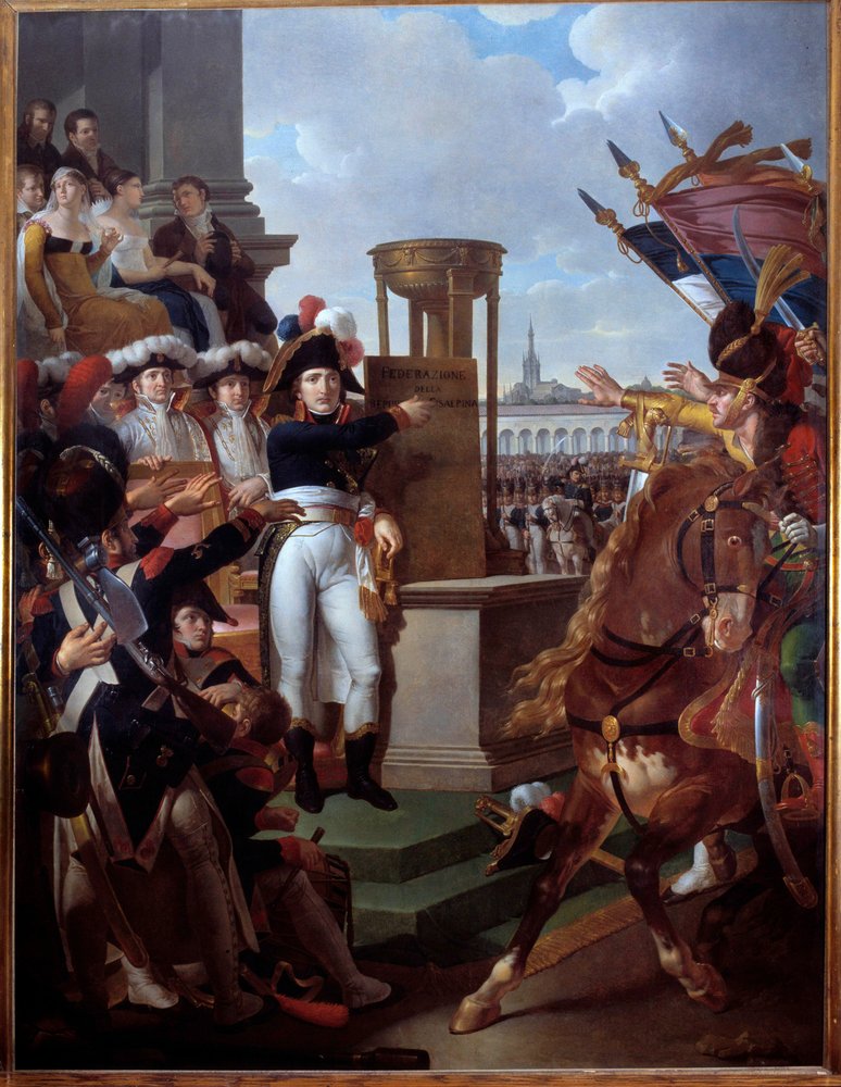 Napoleão Bonaparte (1769-1821) proclamando a República Cisalpina em Milão, em 9/07/1797. Pintura de Louis Lafitte (1770-1828), 1797. 2,52 x 3,34 m. Île d'Aix, Museu Napoleónico de Louis Lafitte