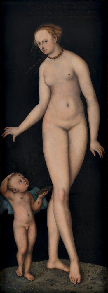 Vénus com Cupido como ladrão de mel sobre fundo preto de Lucas Cranach the Elder