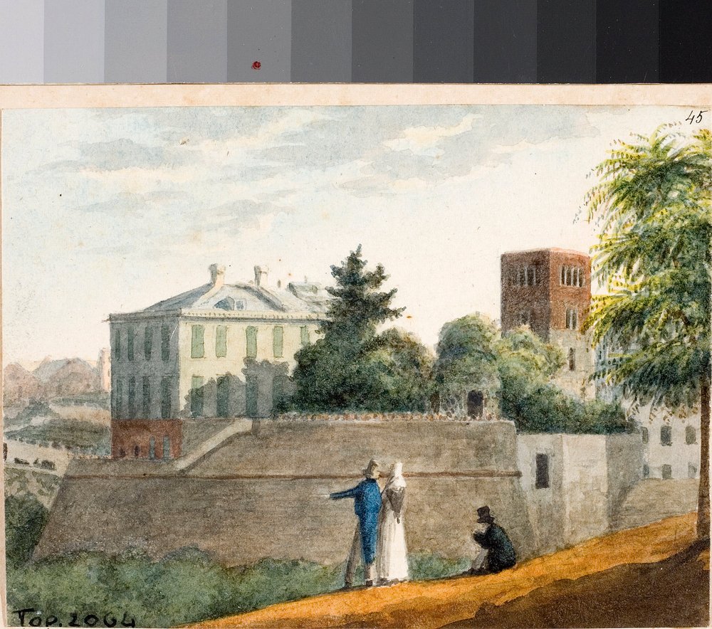 Vista dos baluartes e do campanário de Santo Stefano, Génova (aguarela, ca. 1825) de Luigi Garibbo