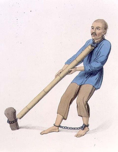 Punição do tubo de madeira, prancha 16 de «Os castigos da China», gravada por J. Dadley de Major George Henry Mason