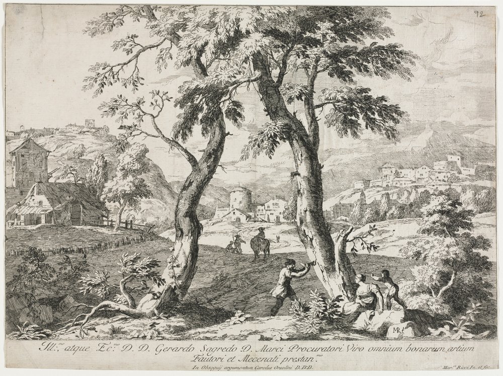 Vista de uma vila com figuras em primeiro plano, 1723. de Marco Ricci
