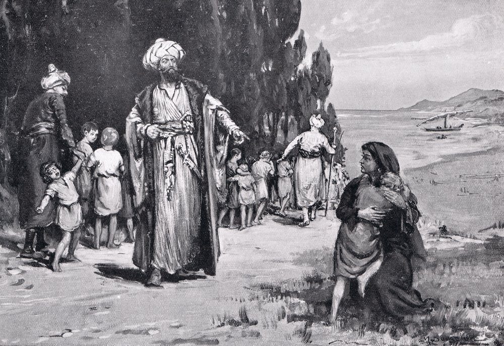 Homenagem das crianças aos turcos, ilustração da "História das Nações de Hutchinson de Margaret Dovaston