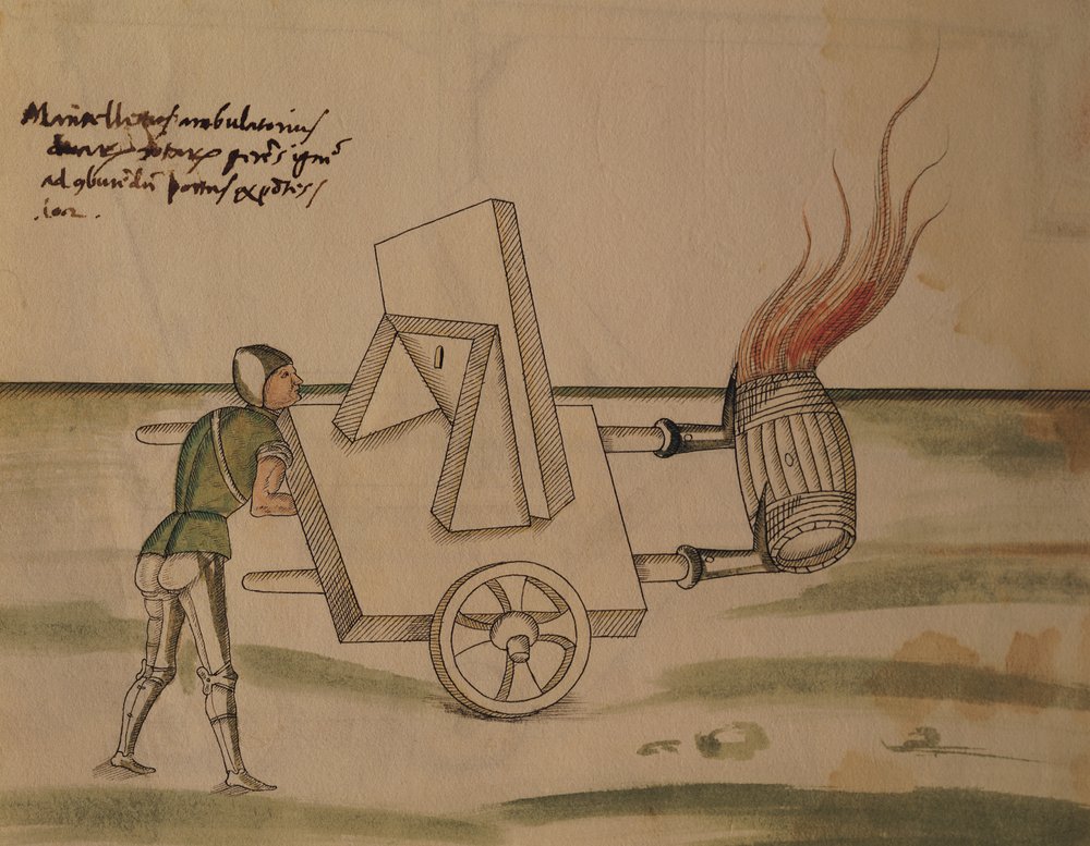 Uma máquina de guerra, ilustração de &39;De Machinis&39; (caneta e tinta e wc no papel) de Mariano di Jacopo