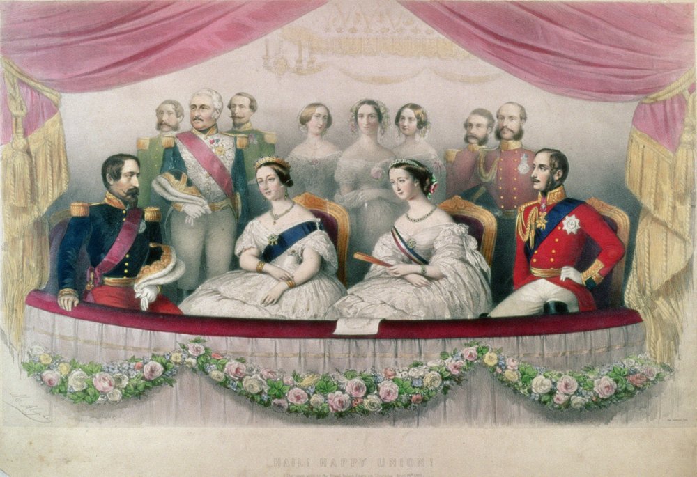 Salve Feliz União, a visita do Estado à Ópera Real Italiana pela Rainha Vitória, o Príncipe Alberto e o Imperador e a Imperatriz da França, 1855 de Marie Alexandre Alophe