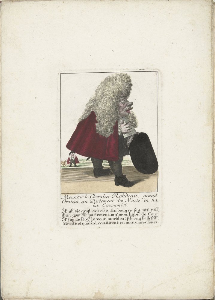 De dwerg Chevalier Rondeau als een Parliamentslid, ca. 1710 Monsieur le Chevalier Rondeau, Grande Orador no Parlamento dos Mudos, em traje cerimonial (título no objeto) Il Callotto resurcitato oder Neu eingerichtes Zwerchen Cabinet (título da série) de Martin Engelbrecht (attributed to)