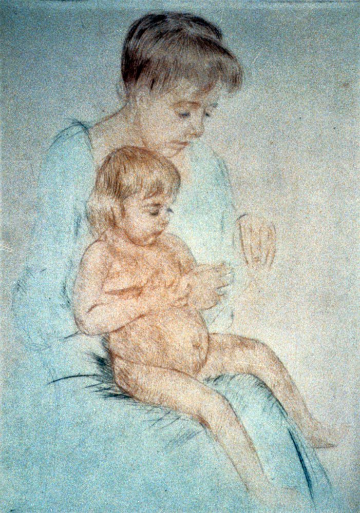 Mulher com uma criança pequena nua ao colo enquanto lhe trata das unhas, cerca de 1904. Mary Cassatt (1844-1926), pintora e gravadora norte-americana que, a partir de 1866, viveu principalmente em França. Vida doméstica, mãe, criança de Mary Stevenson Cassatt
