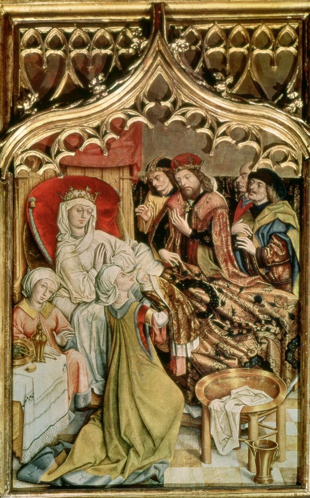O Retábulo de Santa Isabel, detalhe representando o nascimento de Santa Isabel (1207-31) 1474-77 (têmpera no painel) de Master of the Legend of St. Elizabeth