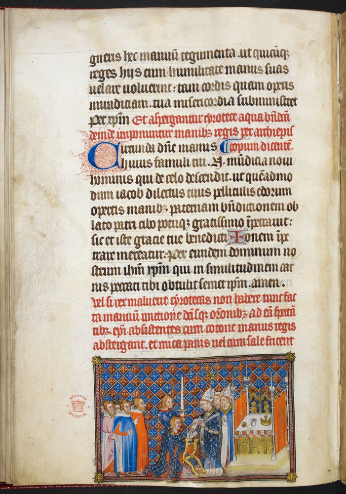 Cotton Tiberius B. VIII f.56v O arcebispo de Reims coloca as luvas nas mãos do rei, de «O livro da coroação de Carlos V, rei de França» de Master of the Coronation Book of Charles V