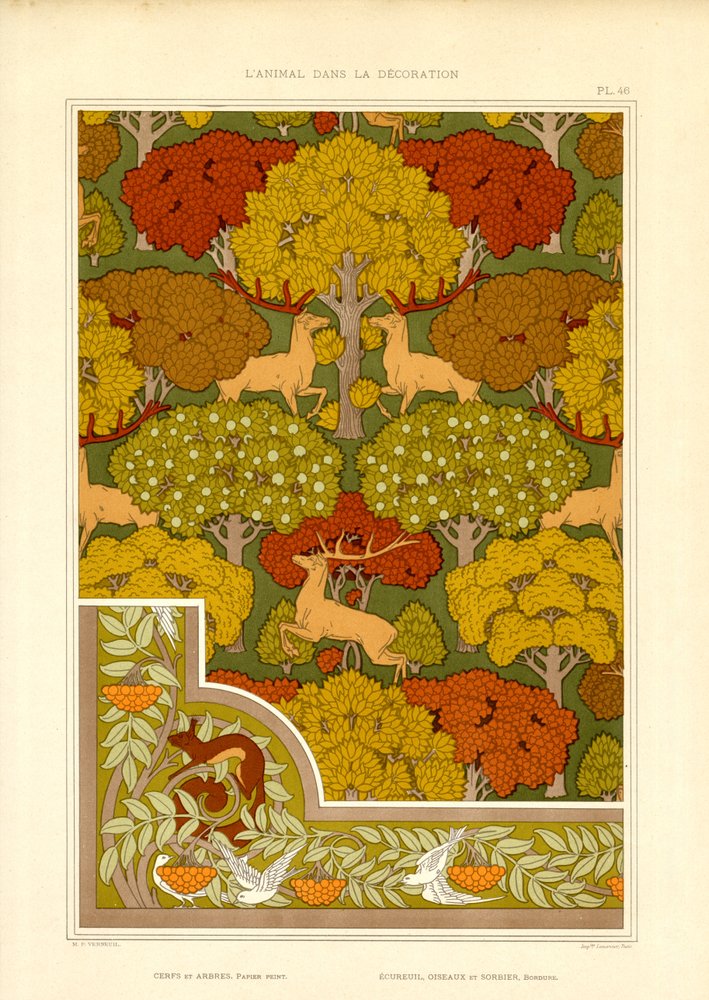 Padrão decorativo de floresta com veados e árvores (litografia) de Maurice Pillard Verneuil
